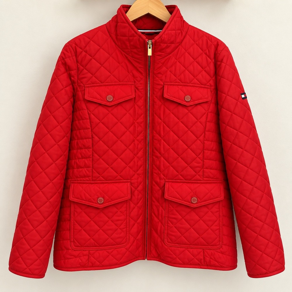 Tommy Hilfiger Red Quilted Barn Jacket Womens 2X Full Zip Mock Neck Pockets